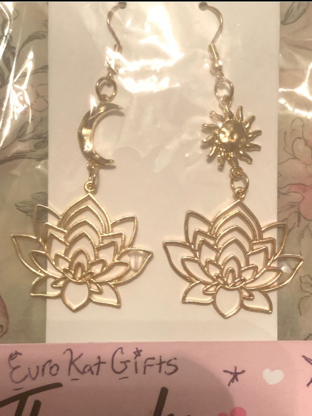 Gold Lotus Drop Earrings with Sun & Moon Charms - NEW NWT